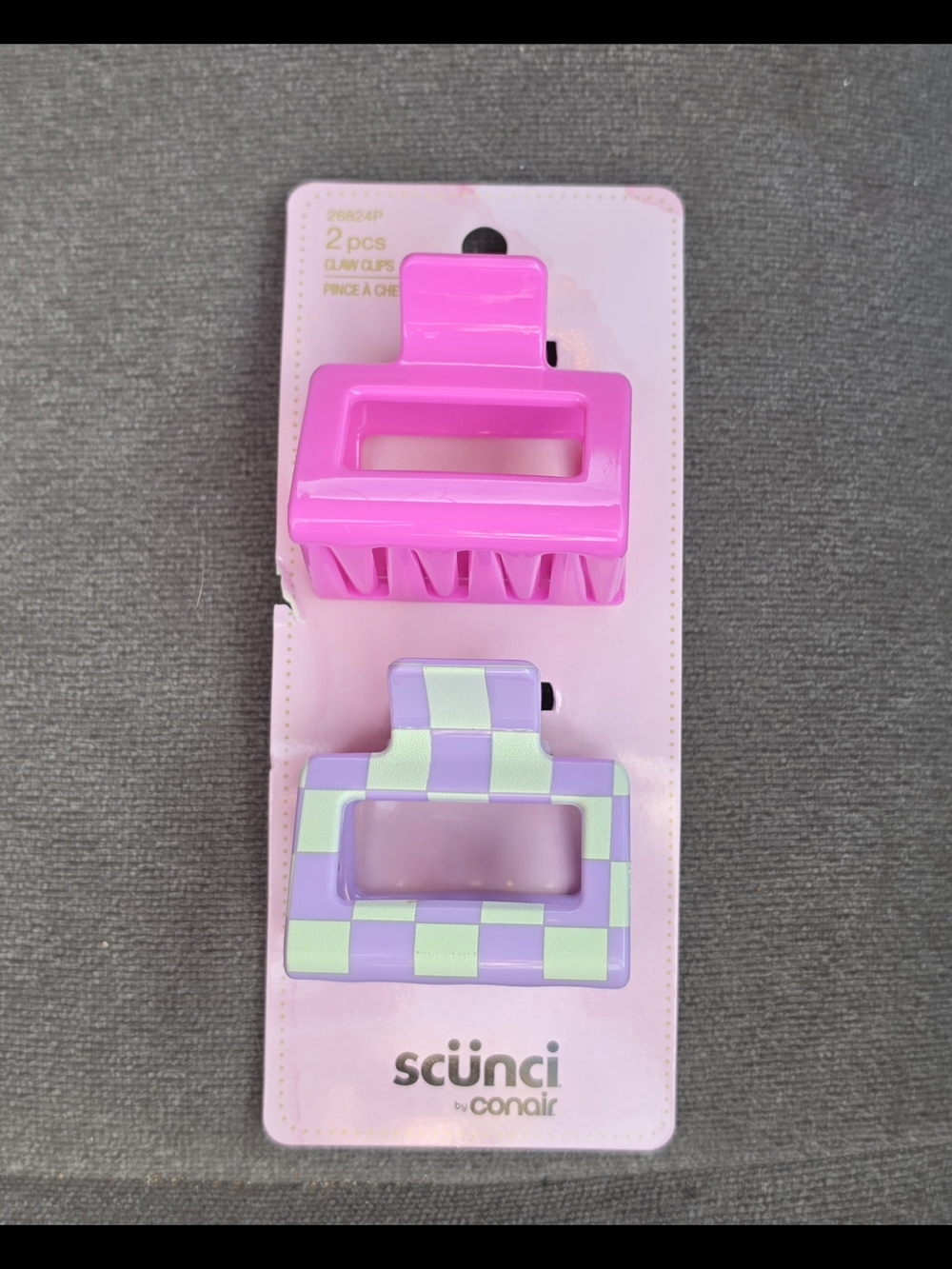 2pc Scunci Hair Claws- Medium Sized Vibrant Pink & Pastel Checkerboard Design
